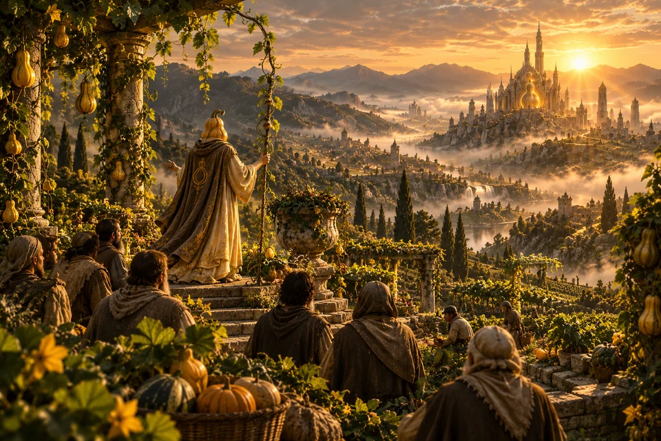Squash, a robed teacher with a golden squash-shaped head, speaks to gardeners above a sunlit valley.