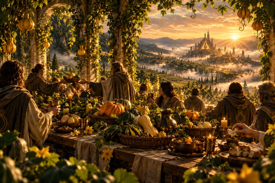 Gardeners share bread and baskets of gourds at a long table beneath a vine-covered pergola.