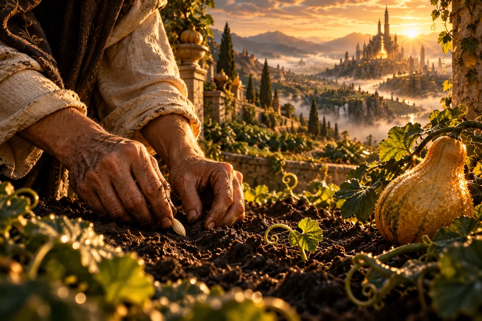 A gardener plants a seed in rich soil beside a young shoot and a golden gourd.