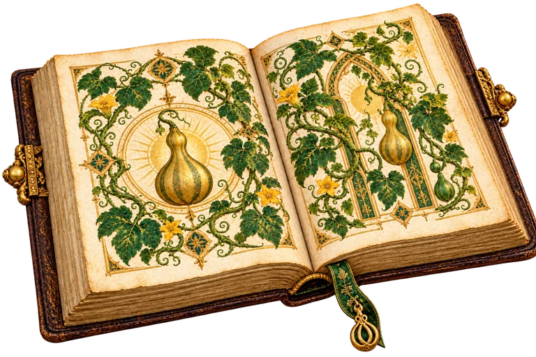 An open illuminated manuscript with botanical vines, gold gourds, and a green ribbon.