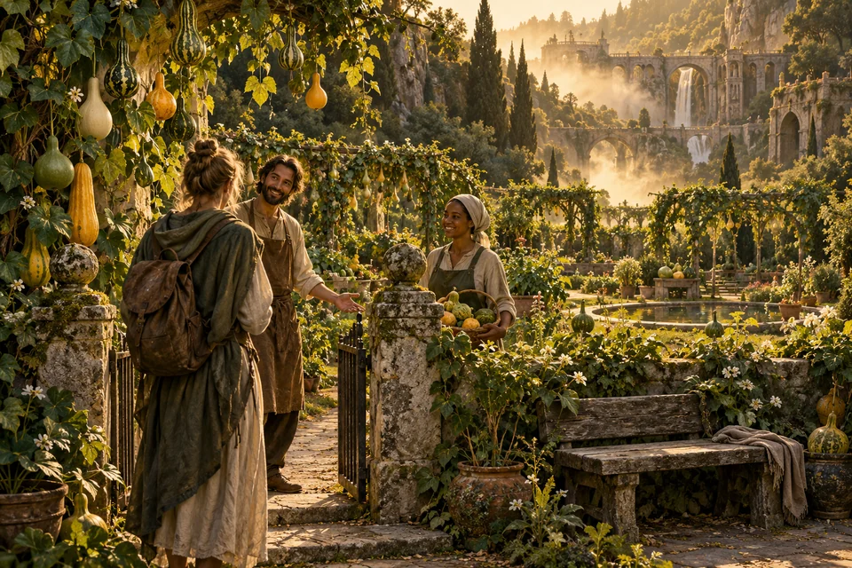 Two gardeners welcome a newcomer at an open garden gate.