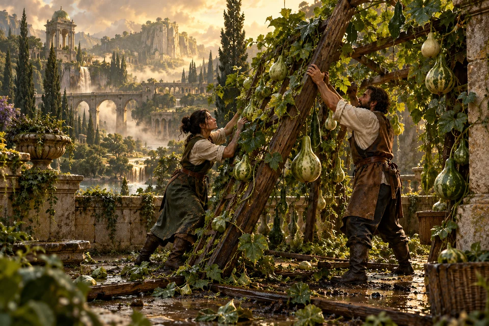 Two gardeners lift a wooden trellis together after rain.