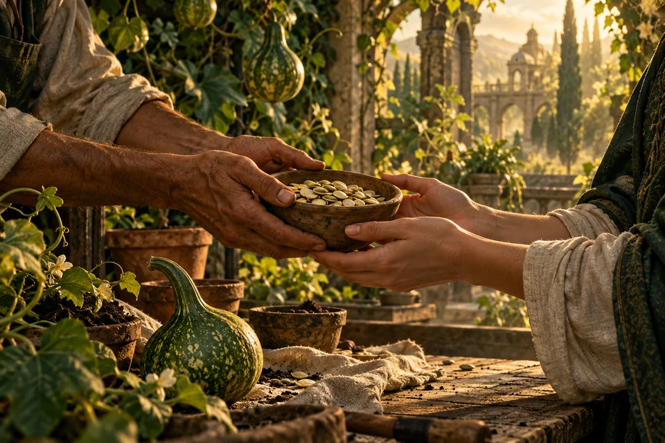 Two gardeners share a bowl of gourd seeds across a potting bench.