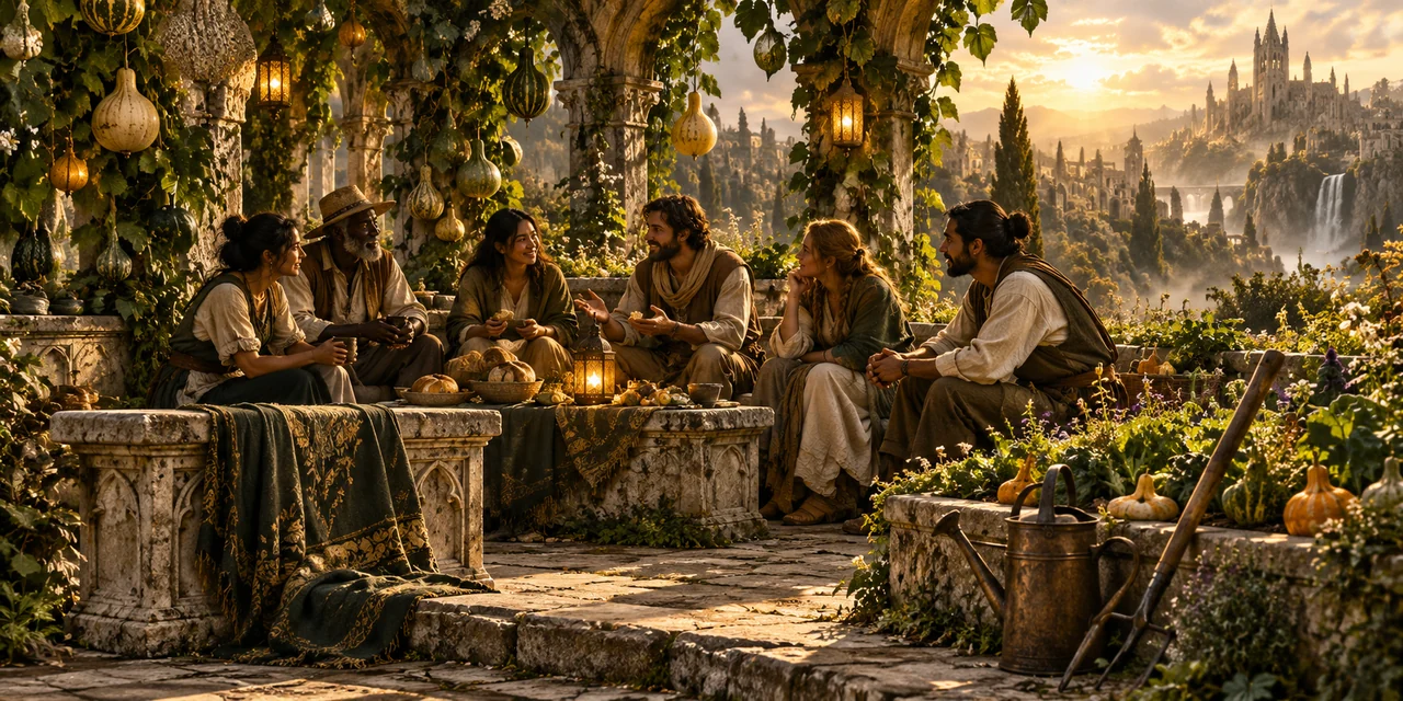 Gardeners share bread and conversation on a stone bench beneath arches.