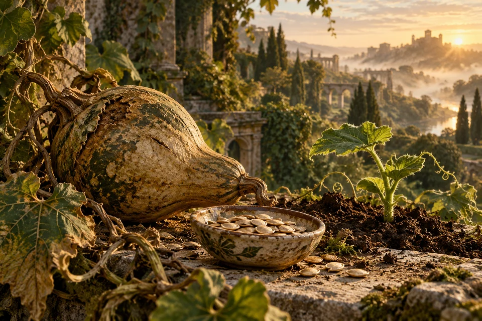 Seeds in a ceramic bowl rest beside an old gourd and a new shoot.