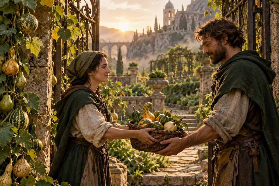 Two gardeners share a basket of gourds at an open garden gate.