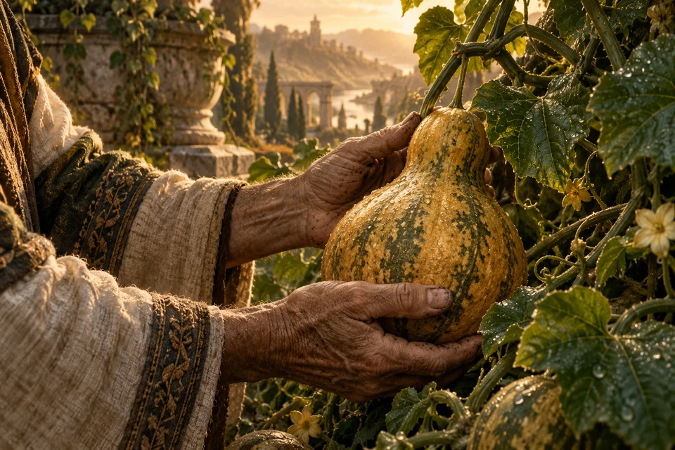 Weathered hands cradle a ripe gold gourd on a living vine.