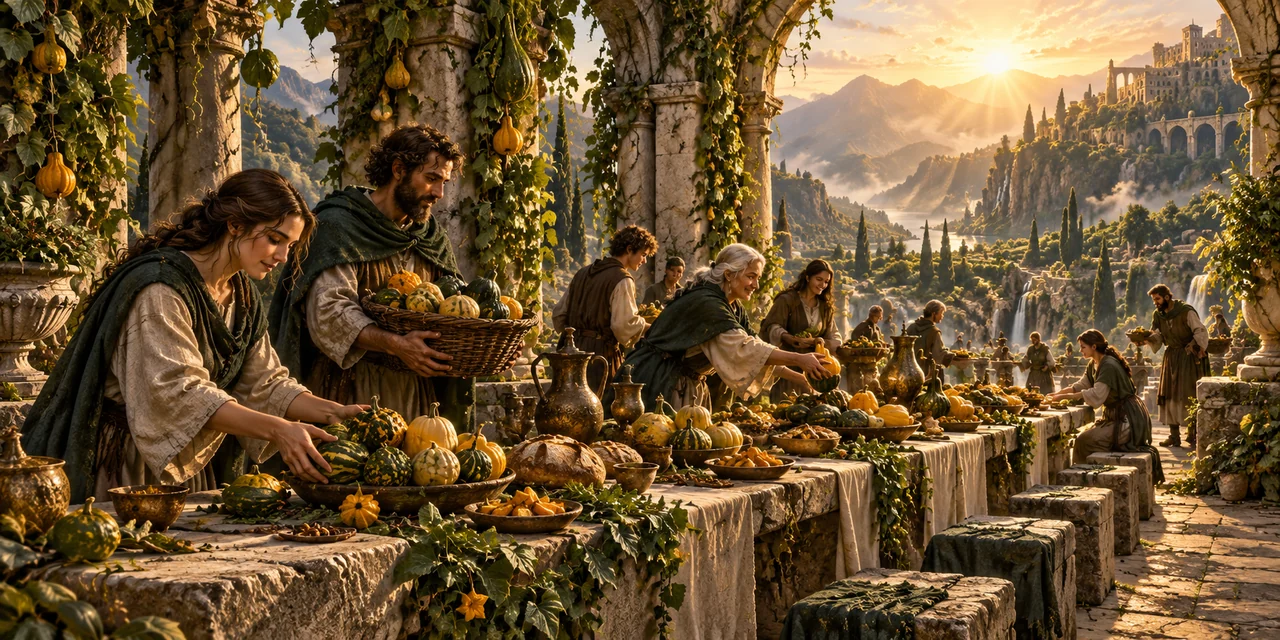Gardeners bring their harvest to a long shared table beneath stone arches.