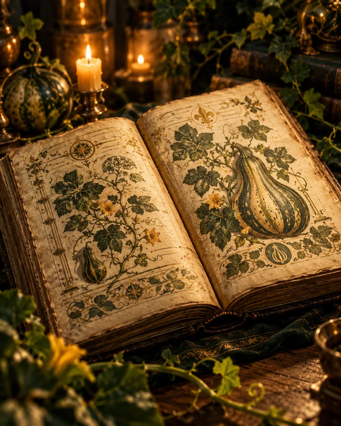 Illustration: an ancient open book with squash drawings lit by candlelight