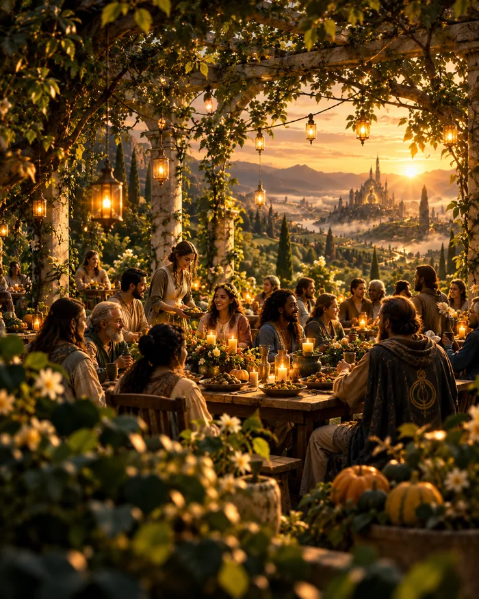 Illustration: a lantern-lit feast beneath vine-covered arches at dusk