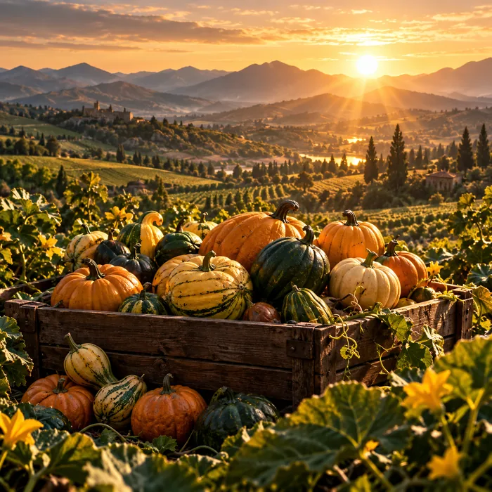 Illustration: a valley of ripe gourds and pumpkins under a golden sunset