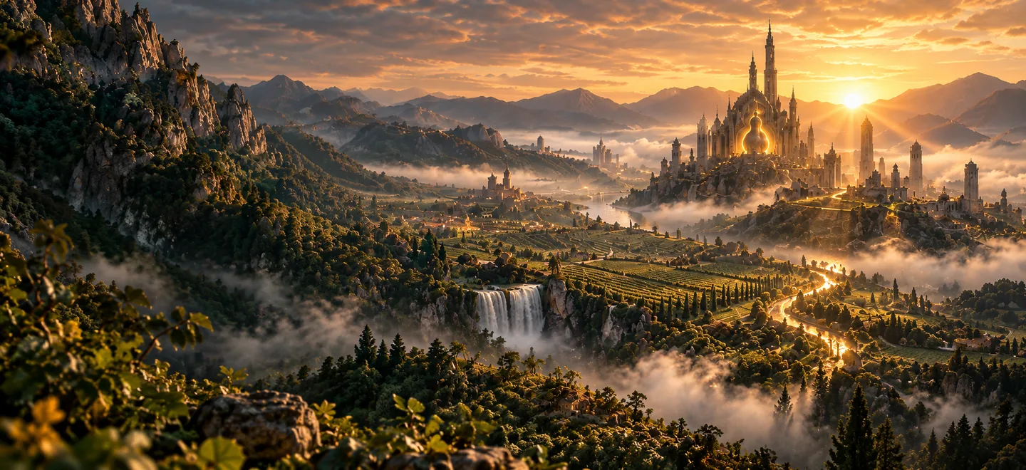 Illustration: a golden cathedral city above a river valley at sunset