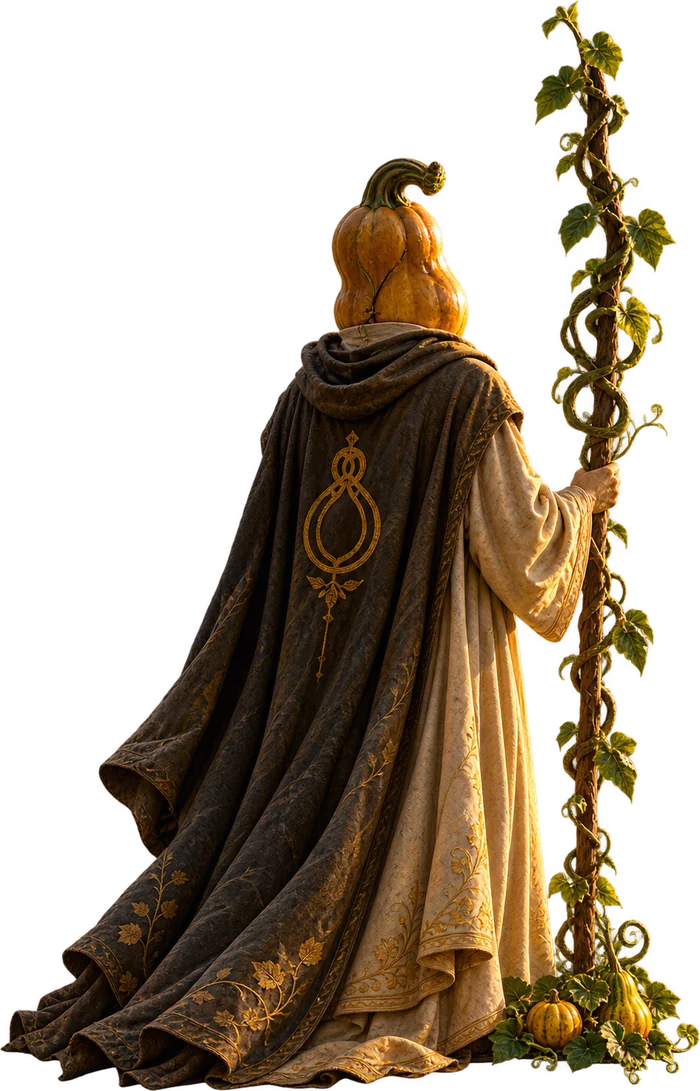 Illustration: a robed pilgrim with a gourd for a head and a vine staff