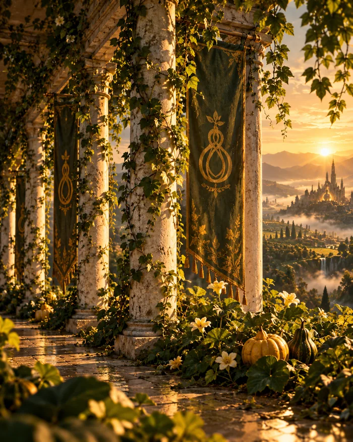 Illustration: a vine-wrapped stone temple hall with gourd banners