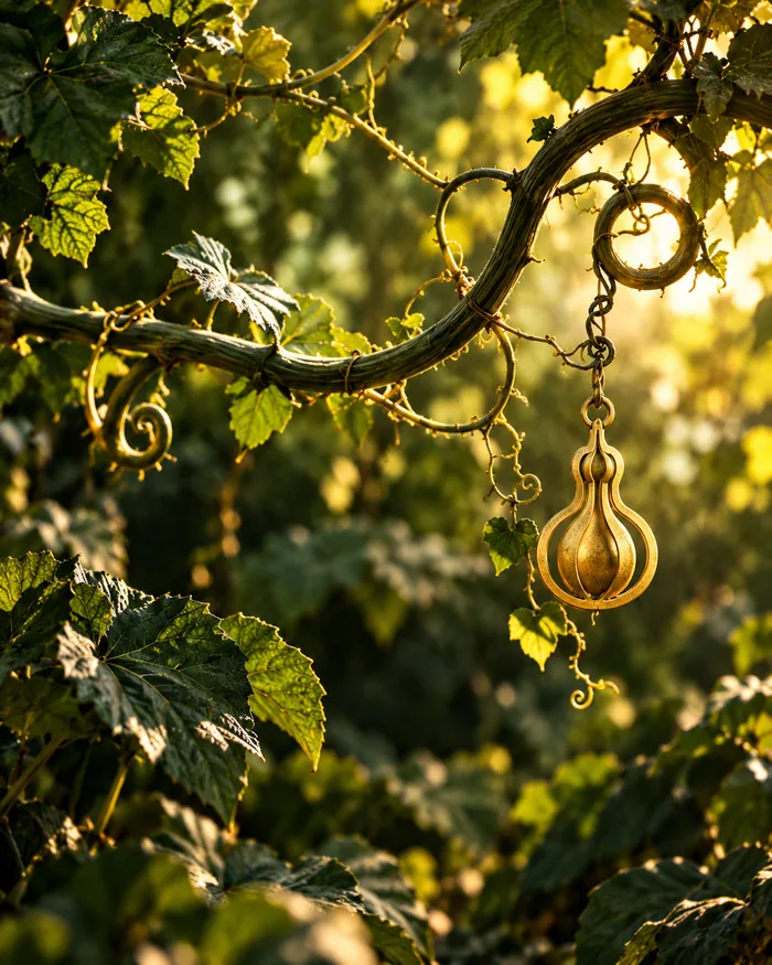 Illustration: a twisting golden vine with a gourd ring emblem in a sunlit forest