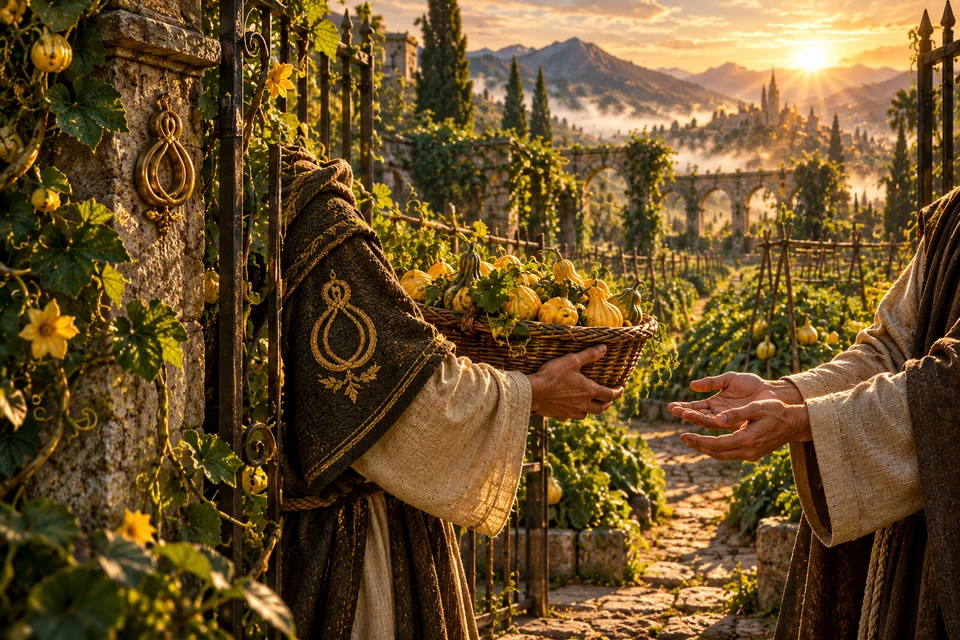 A gardener offers a basket of gourds to another gardener at an open gate.
