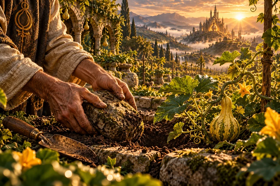 A gardener lifts a stone from the soil beside a young gourd vine.
