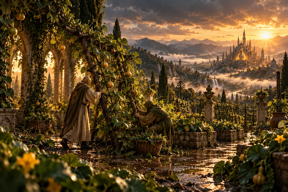 Two cloaked gardeners steady a leaning wooden trellis in a rain-soaked garden.