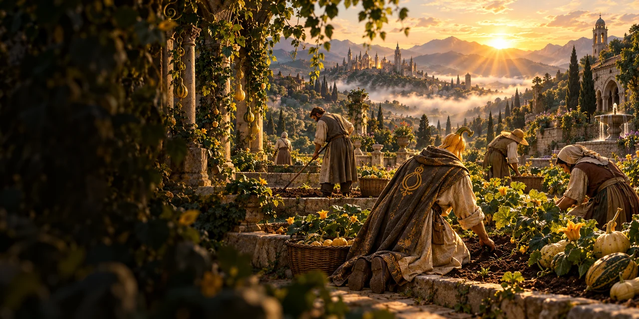 Squash kneels in the soil and tends the vines alongside other gardeners in the morning light.