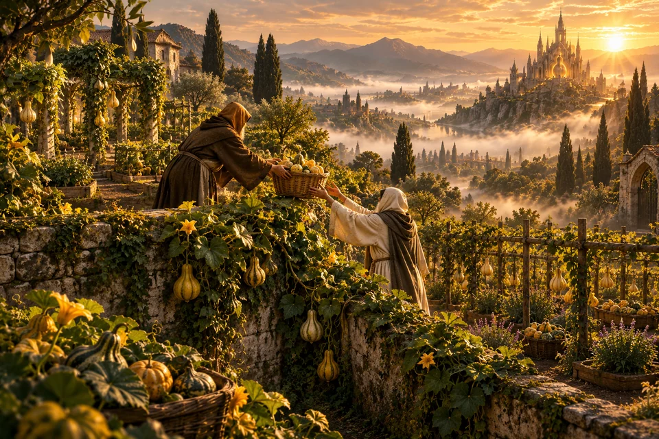 Two cloaked gardeners pass a basket of gourds across a vine-covered stone wall.