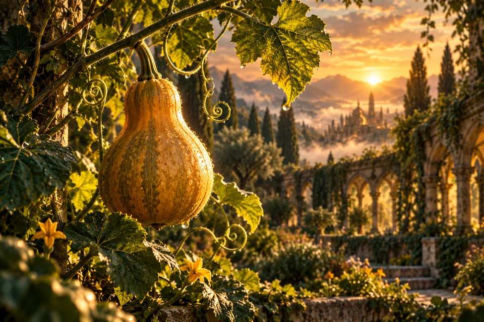 A ripe golden gourd hangs from a dew-covered vine beside a medieval cloister.