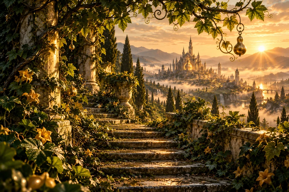 Stone steps pass beneath twisting vines toward a distant sunlit sanctuary.