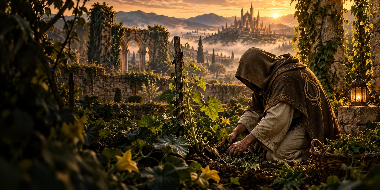 A hooded keeper clears tangled growth around a healthy vine in an old walled garden.