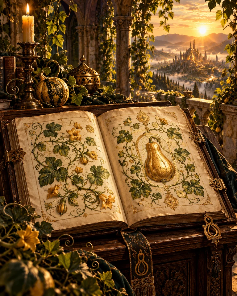 An open illuminated manuscript displays painted vines and a golden gourd beside a candle.